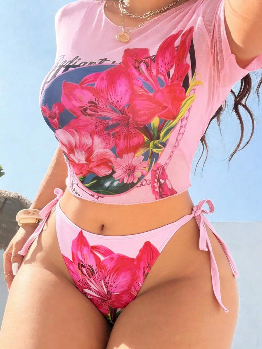 Swim Vcay 大码女式两件套印花网纱罩衫上衣和交叉系带三角比基尼泳裤泳装套装，沙滩度假 - 粉色 - 查看 1