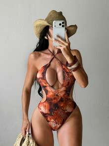 Swim SXY Áo tắm liền thân nữ kiểu retro nhuộm tie-dye, cổ yếm khoét rỗng, gợi cảm và thanh lịch, thích hợp đi biển, lễ hội, tiệc tùng, kỳ nghỉ. - Nhiều màu - Xem 4