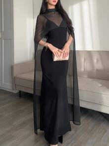 Elenzga Đầm đuôi cá ôm dáng, cổ áo voan mỏng, dây mảnh dành cho nữ. - màu đen - Xem 1