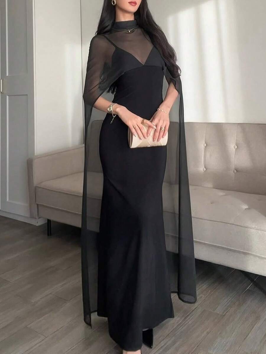 Elenzga Đầm đuôi cá ôm dáng, cổ áo voan mỏng, dây mảnh dành cho nữ. - màu đen - Xem 1