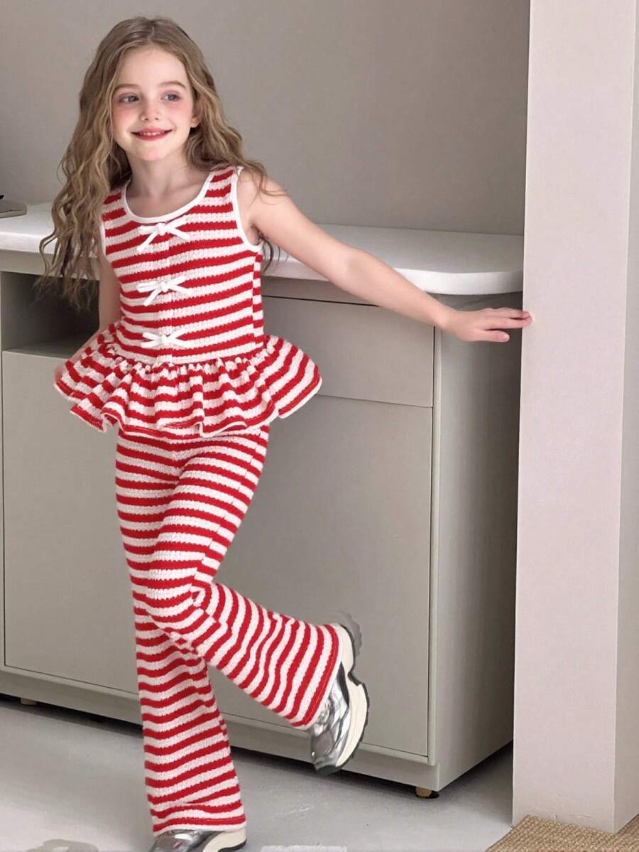 2pcs Girls Outfit,Sleeveless Striped Plaid Vest,Matching Loose Straight Leg Pants,Bow Decor Criss-Cross Straps,Summer,Family Matching,Casual Outings - Red and White - View 1