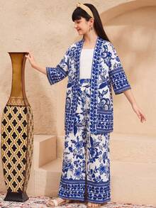 SHEIN Tween Girl 1pc Floral Print Kimono & 1pc Pants - Navy Blue - View 2