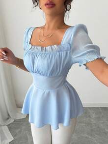 Elenzga Áo cánh tay bồng nhún eo thanh lịch mùa hè xanh cổ vuông cao cấp sang trọng cao cấp của Pháp 2025 - Màu xanh nhạt - Xem 2