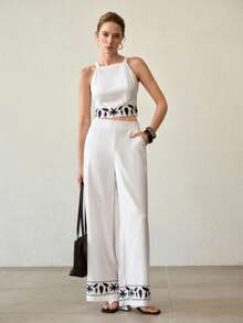 MOTF PREMIUM VACATION LEAF EMBROIDERY CAMI TOP AND WIDE LEG PANTS SET - White - View 4