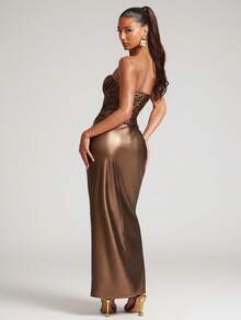 NYA SZN Dress Maxi Length Strapless Ruched Gold Tone Formal Special Occasion Brunch Wedding Date Night Going Out Prom Elegant Luxury Statement Gyaru Outfits For Women - Brown - View 2