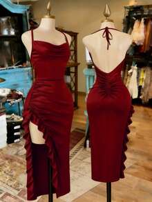 SHEIN Franclia Đầm nữ mới kiểu dáng dây mảnh, hở lưng, xếp ly, xẻ tà bên hông, ôm sát, dài đến đầu gối. - Màu Đỏ Sâu - Xem 3