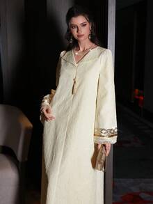 Al Najma 女士春夏杏色梭织纹理长袖亮片流苏下摆优雅浪漫土耳其长袍和阿拉伯传统长裙 - 杏色 - 查看 3