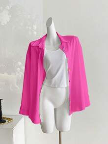 Resyla Áo sơ mi dài tay rộng rãi màu trơn thường ngày dành cho nữ - Màu Hồng Tươi - Xem 4