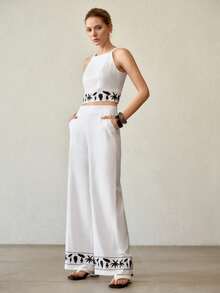 MOTF PREMIUM VACATION LEAF EMBROIDERY CAMI TOP AND WIDE LEG PANTS SET - White - View 7