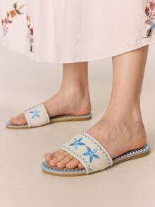 Styleloop Giày sandal đế xuồng dây thừng đan cho nữ, kiểu dáng nghỉ dưỡng BOHO Chic Retro American Western, thích hợp cho các lễ hội âm nhạc và tiệc tùng. - Hoa xanh - Xem 4