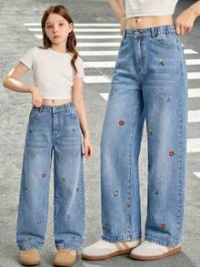 Genkimix Kids Tween Mädchen Jeans mit süßer floraler Stickerei, verwaschen, weich und bequem, gerade Beinform, geeignet für täglichen Gebrauch, Schule, Reisen, Zusammenkünfte in allen Jahreszeiten, Denim Jeans, niedliches Kirsche Tween Mädchen Ästhetik - Helle Waschung - Übersicht 6