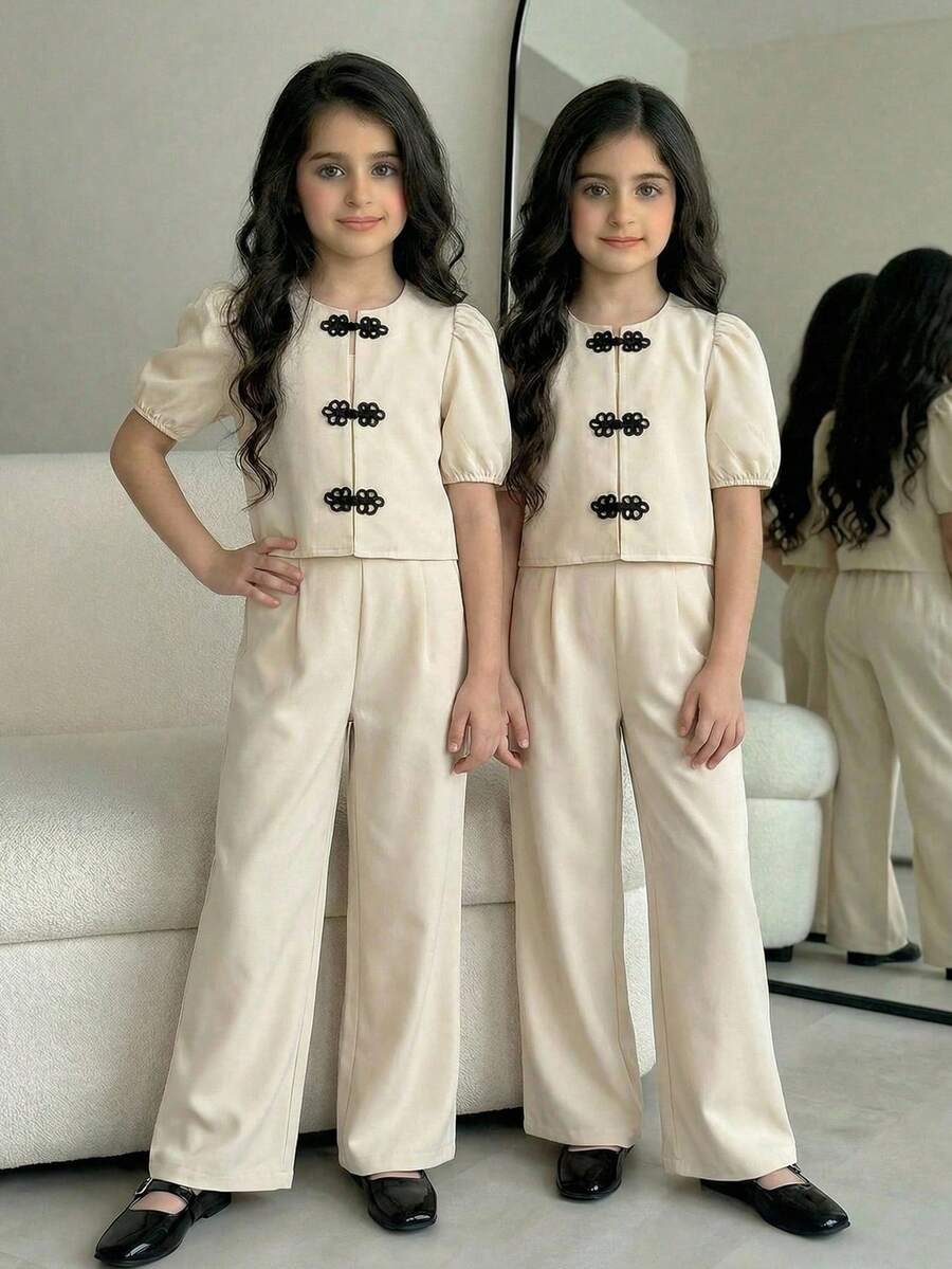 SHEIN 2pcs Girls Casual & Elegant Flutter Sleeve Round Neck Blouse And Wide Leg Pants Set - Apricot - View 1