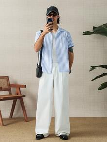 HUEFORM 男士阔腿裤，纯棉面料，纯棉斜纹布，纯色，带口袋，褶裥，宽松版型，春季款 - 米色 - 查看 8