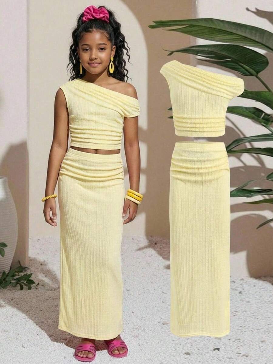 SHEIN Tween Girl Casual Minimalist Comfortable Asymmetrical Shoulder Top And Skirt Set - Apricot - View 1