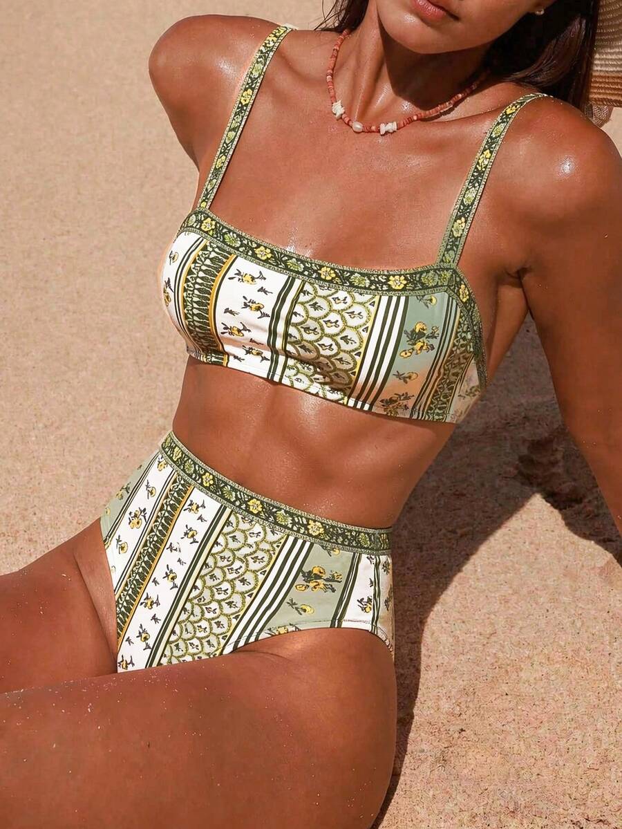 Swim Vcay 夏季新款性感褶皱细肩带两件式泳衣，绿色花卉印花，适合小胸身材，时尚比基尼，适合海滩度假、蜜月旅行、休闲度假。两件式泳衣，沙滩两件套，夏季波西米亚风两件式泳衣。 - 彩色 - 查看 1