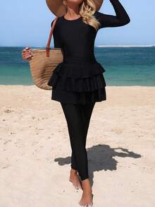 Swim Mulvari Women's Multi-Tier Ruffle Design Long Burkini Two Pieces Set, Mature Style For Beach & Resort Wear - Black - View 4