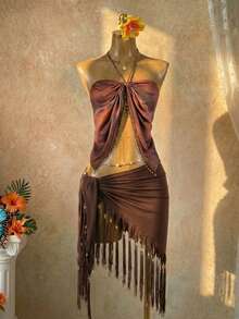 SaltGleam SaltGleam Women's Summer Boho Vacation Shades Of Brown Halter Backless Tasseled Crop Top,Tie Neck Bohemian Tassel Beachwear For Music Festivals - Brown - View 6