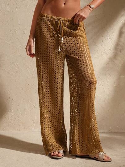 Swim Chiccia Pantalones anchos rectos de ganchillo de verano para mujer con patrón de rayas elegante y de moda, con cordones con cuentas y pantalones casuales