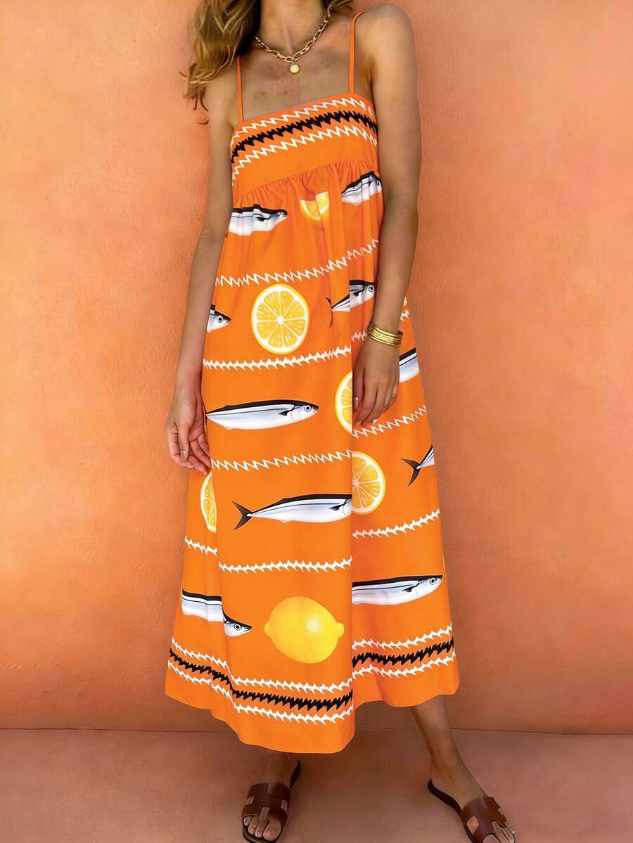 Vaclyn Đầm không tay in hình trái cây và cá dành cho nữ, thích hợp cho kỳ nghỉ. - Màu vàng - Xem 1