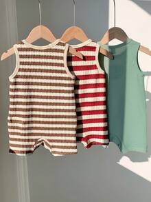 SHEIN 3pcs/Set Newborn Unisex Baby Clothes, Baby Boy & Girl Summer Cute Casual Knitted Striped Cartoon Bear Sleeveless Romper 3-Piece Set, Basic Multi-Pack - Multicolor - View 2