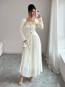 Elenzga Women's Square Neck Sequin Trim Long Sleeve Cinched Waist Top & Pleated Midi Skirt 2-Piece Set - Apricot - View 4