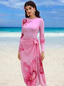 Swim Mulvari Spring/Summer New Women Vacation Beach Floral Print Long Sleeve Top, Pants And Mesh Skirt 3-Piece Set - Pink - View 4