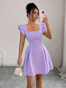 Elenzga Y2K美国独立日新季法式方领盖袖收腰夏季高端纹理花卉A字甜美迷你优雅办公室连衣裙，奶油黄色 - 淡紫色 - 查看 7