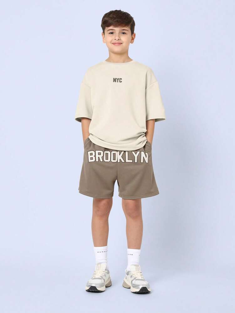 Oversized Crew Neck Tee And Cargo Shorts Two Piece Set With NYC Brooklyn Text Graphics