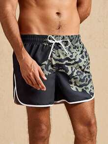 Manfinity Swimmode 男士抽绳腰带休闲百搭沙滩短裤 - 黑色 - 查看 6