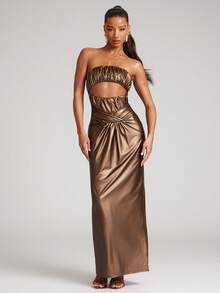 NYA SZN Dress Maxi Length Strapless Ruched Gold Tone Formal Special Occasion Brunch Wedding Date Night Going Out Prom Elegant Luxury Statement Gyaru Outfits For Women - Brown - View 6