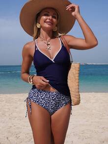 Swim Lushoire Women's 2-Piece Summer Casual Vacation Deep V-Neck Top And High Waist Random Ditsy Floral Shorts Camisole Bikini Swimwear Set - Navy Blue - View 7