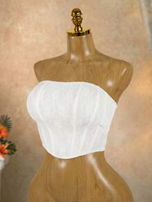 SaltGleam SaltGleam Women's Lace Faux Fishbone Bandeau Top, Sexy Music Festival Outfit White Two Piece Swimsuit Ruffle Set White Two Piece Set Women Cream Two Piece Set Two Piece White Set Bride Bachelorette Outfit Bridal Bathing Suit 2 Piece Sets Woman Vacation Outfits Women 2 Piece Set - White - View 3