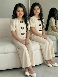 SHEIN 2pcs Girls Casual & Elegant Flutter Sleeve Round Neck Blouse And Wide Leg Pants Set - Apricot - View 3