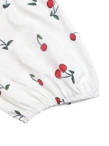 Elenzga Cherry Print Criss-Cross Tie Waist Petal Sleeve Casual Vacation Dress - White - View 8