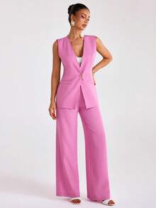 EURMUSE Bộ đồ công sở thường ngày dành cho nữ, gồm áo vest một hàng cúc và quần ống rộng, màu trơn. - Màu Hồng baby - Xem 7