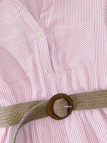 Franclia 女士休闲条纹前开襟纽扣口袋连衣裙，秋季款 - 淺粉色 - 查看 3