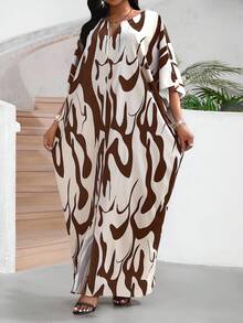 SHEIN Lady 秋冬休闲白色梭织缺口裹身连体袖长裙大码连衣裙秋季女装外出服女式长袍四季复活节连衣裙女式沙滩装女士商务休闲女装 - 棕色 - 查看 4