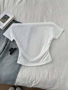 Tseoso 34%纯棉女士白色鸡尾酒图案露肩短袖T恤 - 褶皱腰身修身春夏上衣，可爱柔美风、清新复古风、西部风、街头风、朋克风、嘻哈风，完美适用于度假、约会、音乐会、派对和返校季。 - 白色 - 查看 8