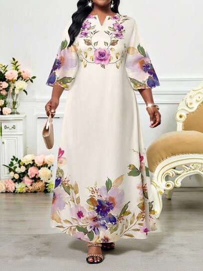 SHEIN Lady 休闲漫画和花卉印花女式长裙2025春夏新款大码连衣裙