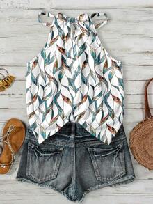 SHEIN LUNE 波西米亚风优雅白绿几何印花露背吊带背心 - 夏季度假上衣，适合海滩、邮轮、音乐节、演唱会、婚礼宾客、城市旅行、海岛度假及乡村音乐活动 - 彩色 - 查看 2