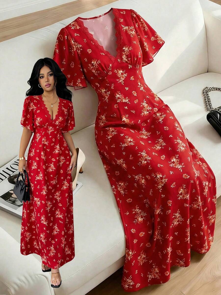 Selianne Damen V-Ausschnitt Puffärmel tailliertes A-Linien Kleid mit Blume Muster, ideal für Reisen, Strand, Sommer, verschiedene Farben - Rot - Übersicht 1