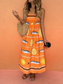 Vaclyn Đầm không tay in hình trái cây và cá dành cho nữ, thích hợp cho kỳ nghỉ. - Màu vàng - Xem 6