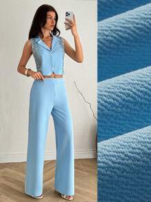 EURMUSE Women Regular Fit Lace Detailed Vest And Pant Sets - Baby Blue - View 2