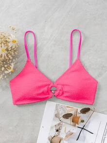 Swim Basics 女士夏季新款褶皱面料吊带圆环拼接泳衣上装 - 玫紅色 - 查看 4