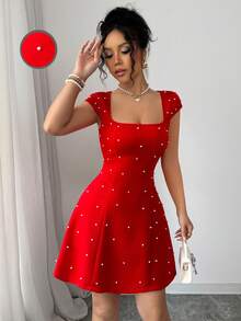 Elenzga 纯色优雅别致精致时尚珍珠装饰宽领落肩修腰 A 字迷你连衣裙 - 紅色 - 查看 6