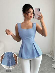 Elenzga 2025 Summer Niche Elegant Square Collar Striped Tie-Up Waist Sleeveless Shirt - Blue and White - View 5