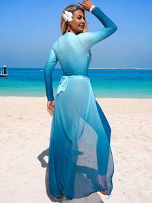 Swim Mulvari 三件套女士渐变印花拉链长袖连体裤、长裤和网纱裙泳装套装，适合春夏海滩、邮轮、度假穿着。 - 彩色 - 查看 3