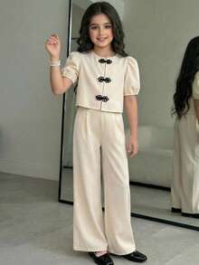 SHEIN 2pcs Girls Casual & Elegant Flutter Sleeve Round Neck Blouse And Wide Leg Pants Set - Apricot - View 5