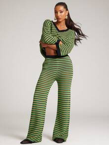 NYA SZN Matching Set (Top & Pant) Top Short Sleeve V Neck Plunge Pant Slim Mini Flare Green Yellow Black Valentine's Day Club Warm Weather NYE New Years Eve Spring Summer Vacation Travel Airport Outfits For Women - Multicolor - View 6