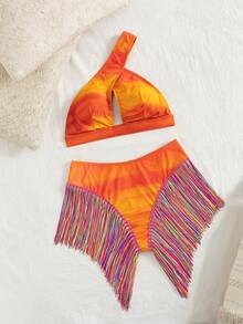 SHEIN Swim Ombre Asymmetrical Shoulder Bikini High Waist Tassel Thong Swimwear Set, Sexy Vacation - Orange - View 3